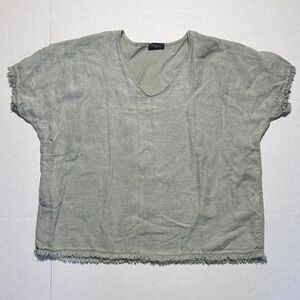 NATACHA Paris Mint Green Gray V-Neck Frayed Hem Cotton Linen Top Oversized O/S